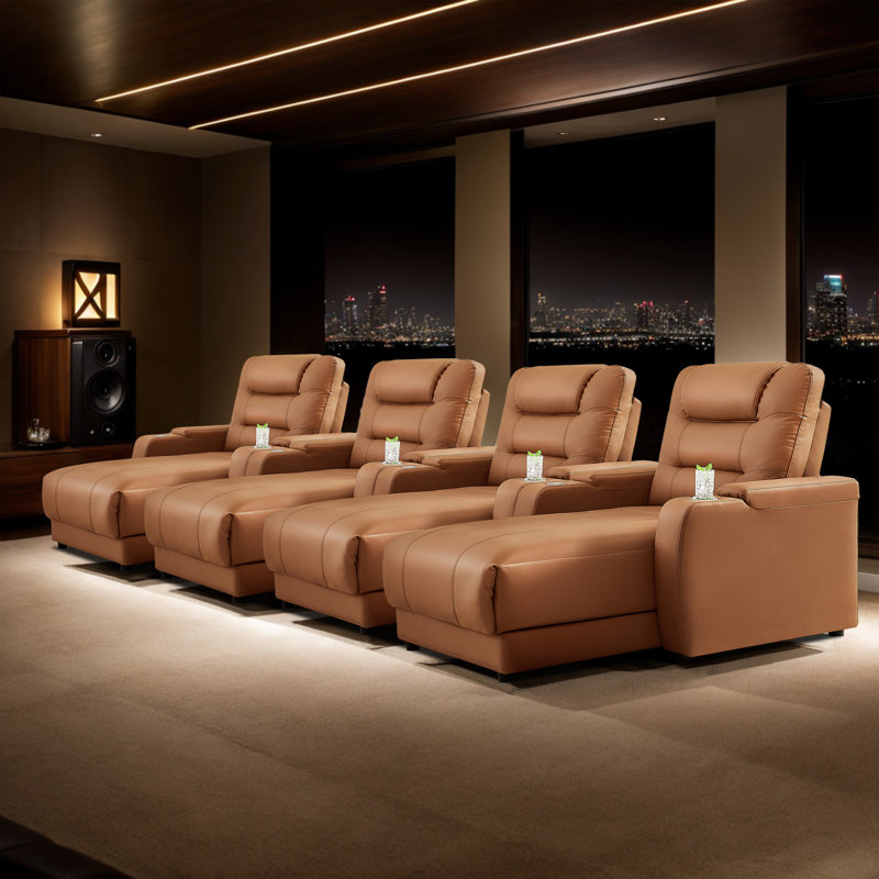 Luxury Faux Leather Chaise Lounge Recliner Quadruple Seat Home Theater Seating with Adjustable Backrests Wireless Charging and Cup Holder Set of